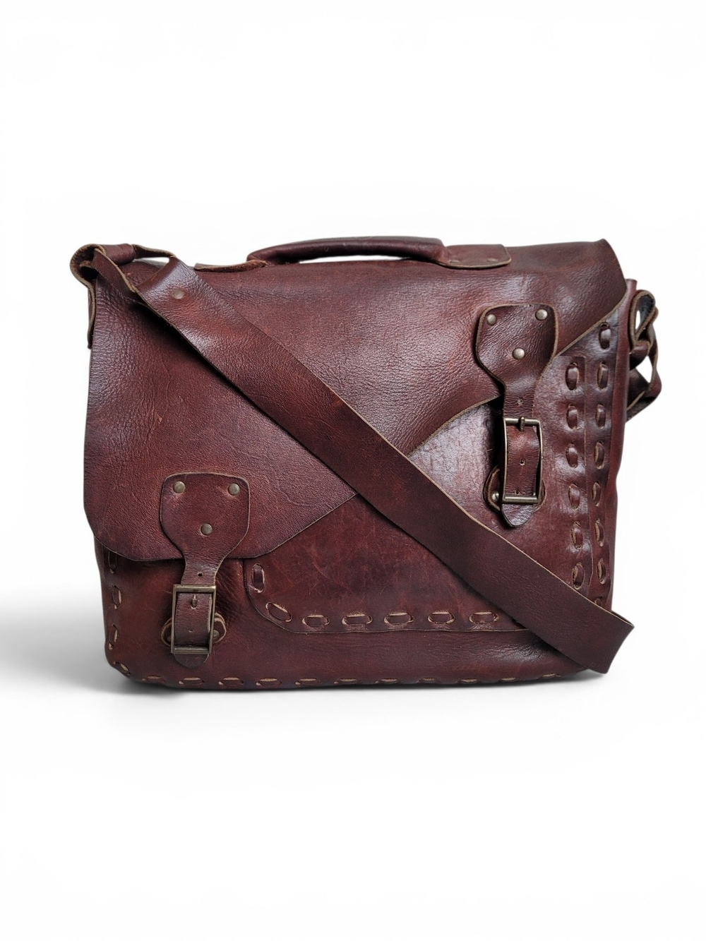 Vintage Mahoganny Brown Leather Messenger Bag Laptop Bag Dark Academia